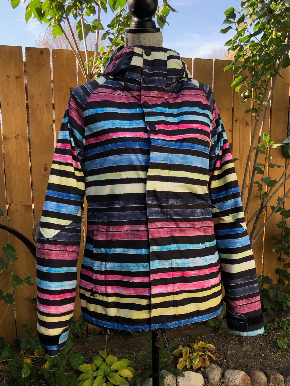 Burton Women's Striped Hooded Ski Jacket in Pink, Blue, Yellow, Black